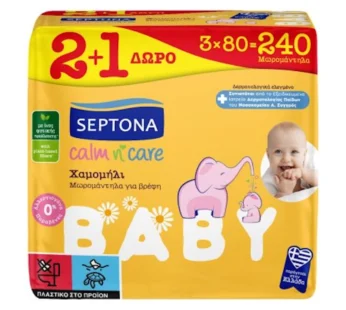 Septona Baby Μωρομάντηλα Calm n’ Care Χαμομήλι 2×80τεμ +1 Δώρο